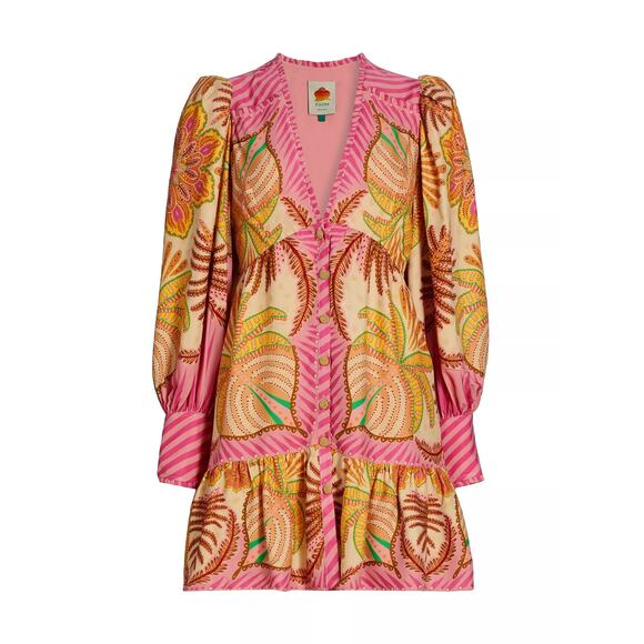 Farm Rio Palm Scarf Long Sleeve Button Front Minidress - XS